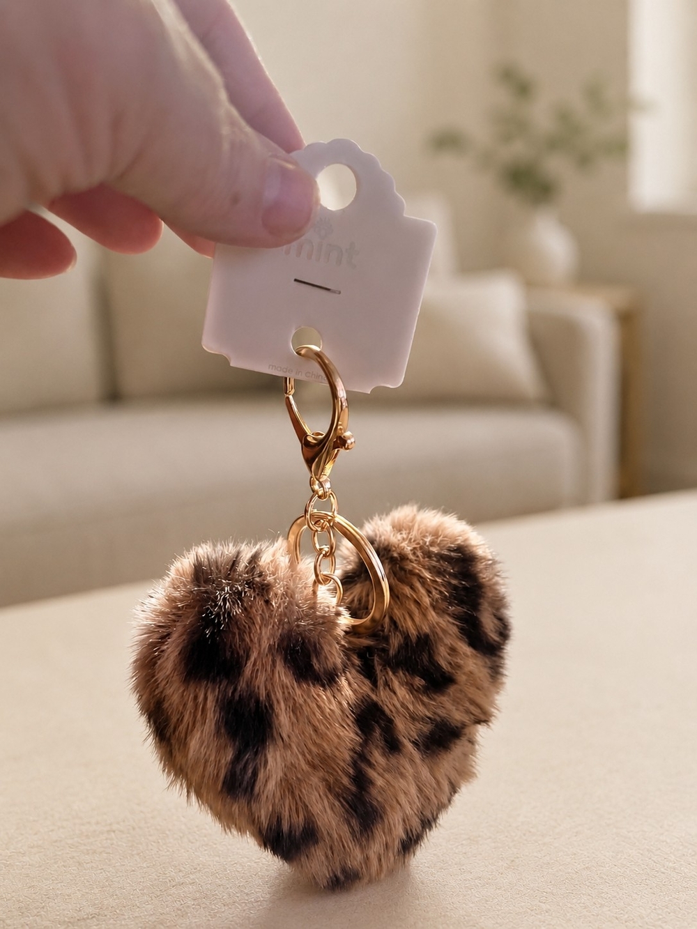 Mint Leopard-Print Heart Pom Keychain with Gold Hardware